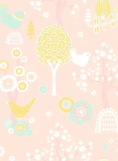 Majvillan Carta da parati Cherry Valley - Lovely Pink/ Yellow/ Turquoise/ Cream White