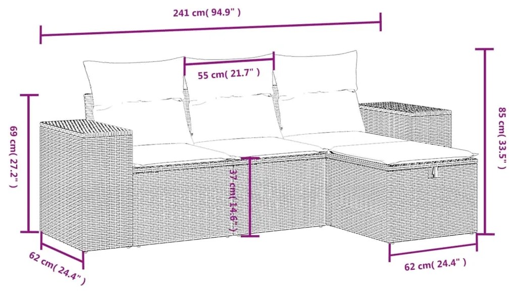 Set divani da giardino 4 pz con cuscini nero in polyrattan