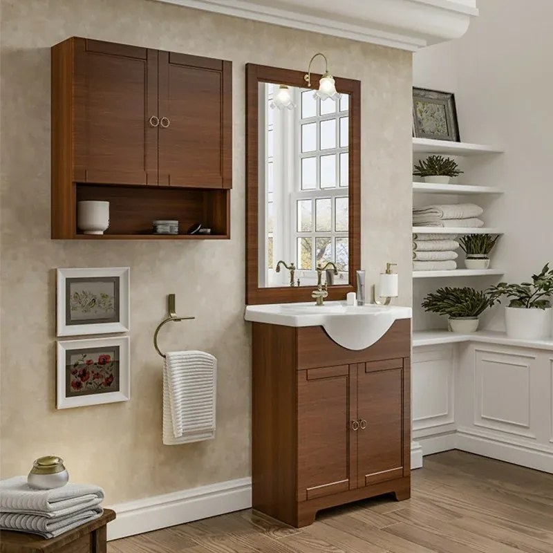 Pensile bagno sospeso 60 cm noce con ripiano in vetro e vano Romantica