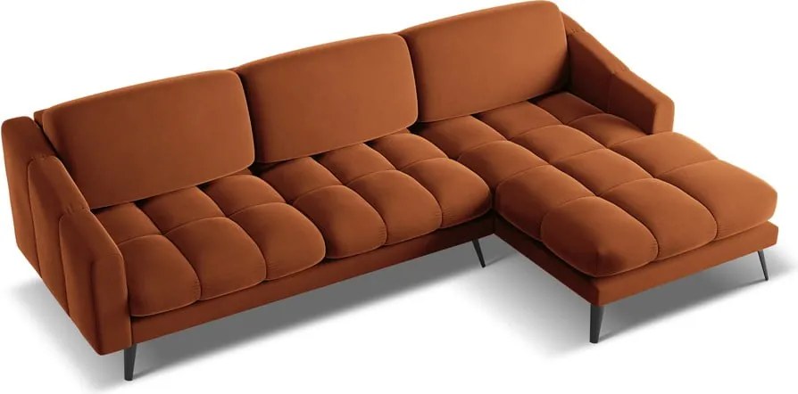 Divano angolare arancione (con penisola a destra) con rivestimento in velluto Nalu – Makamii