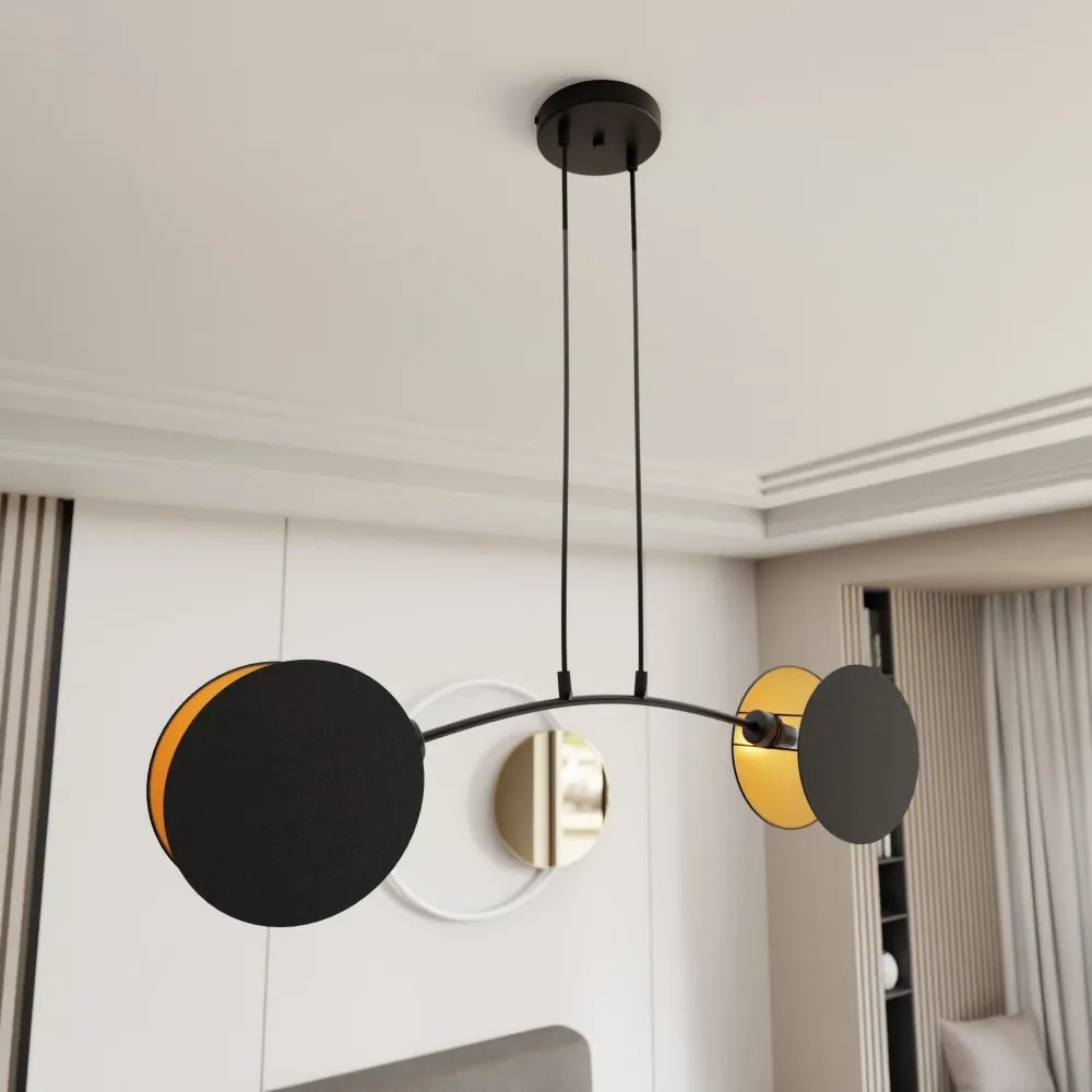 Lampadario a Sospensione MOTIF 2 In Acciaio e Tessuto 2xE27 Colore del corpo Nero e Oro