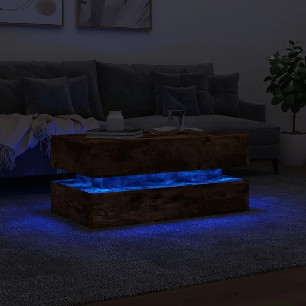 Tavolino da soggiorno con luci led rovere fumo 90x50x40 cm