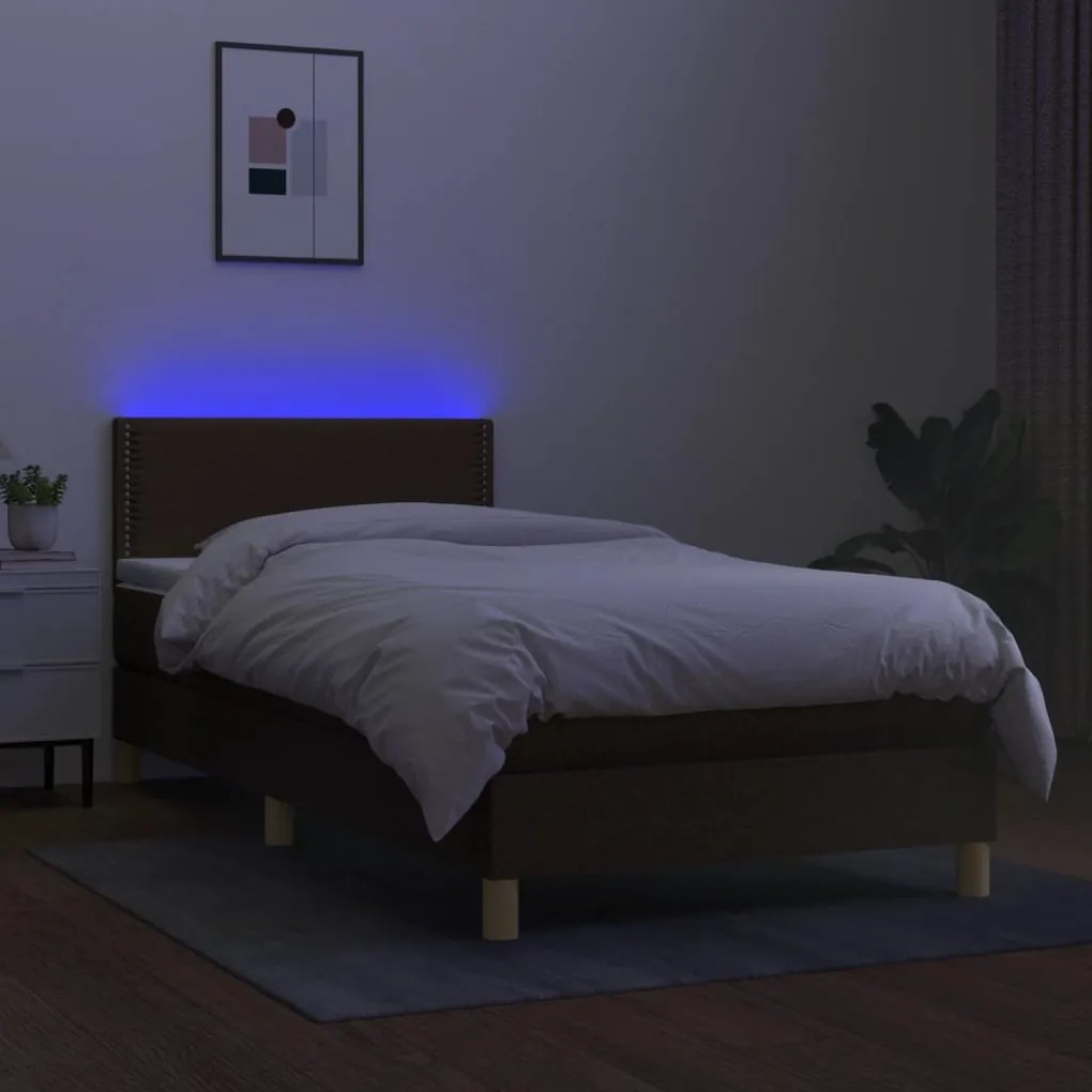 Letto a Molle Materasso e LED Marrone Scuro 90x200cm in Tessuto