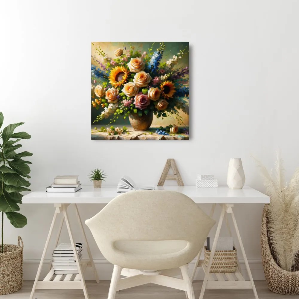 Quadro su tela – Bouquet di rose e girasoli