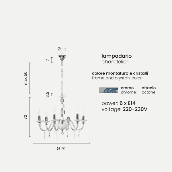 Lampadario sospeso LIVIA in vetro e cristallo D70 cm Ottanio 6 luci