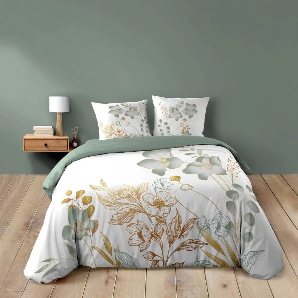Set copripiumino e federa bianco/verde in cotone per letto matrimoniale ed esteso 240x220 cm Lolita – douceur d'intérieur