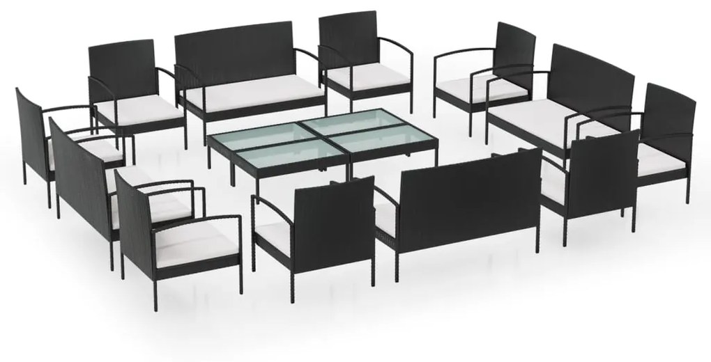 Set divani da giardino 16 pz con cuscini in polyrattan nero