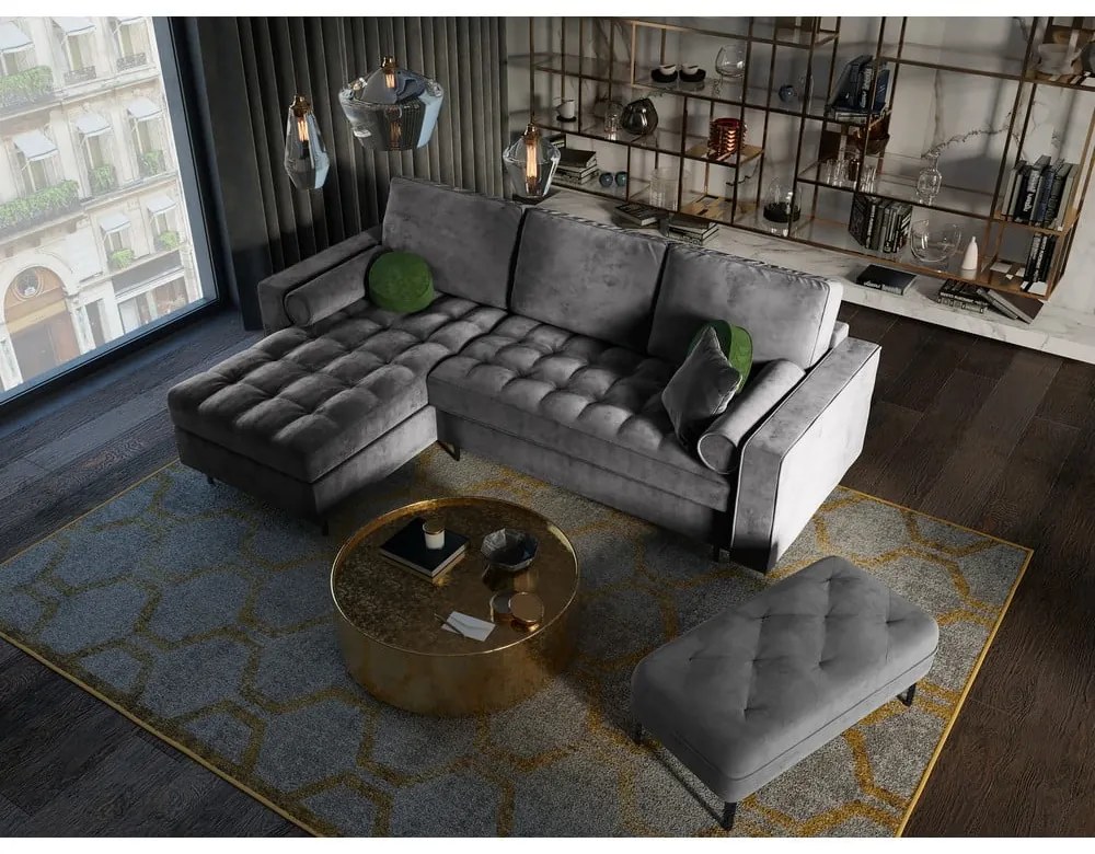 Divano letto angolare in velluto grigio scuro, angolo sinistro Santo - Milo Casa