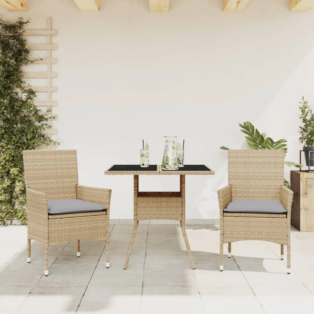 Set Da Pranzo Da Giardino 3 Pz Con Cuscini Polyrattan E Vetro /