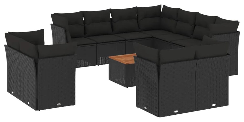 Set divani da giardino 12 pz con cuscini nero in polyrattan