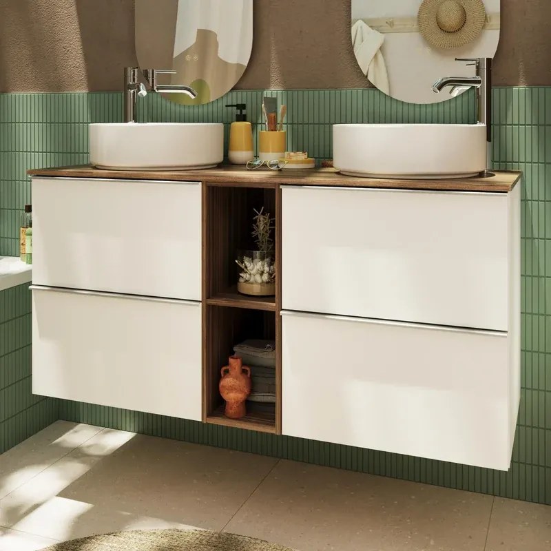 Mobile da bagno sotto lavabo SENSEA Modern bianco e noce  laminato opaco L 120 x H 55 x P 45 cm 4 cassetti, lavabo non incluso