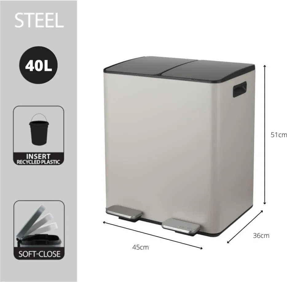 Cestino per la spazzatura grigio tortora in acciaio per raccolta differenziata/con pedale 2x20 l Aliya – Spirella