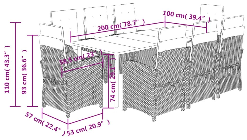 Set da Pranzo da Giardino 9pz con Cuscini Marrone in Polyrattan