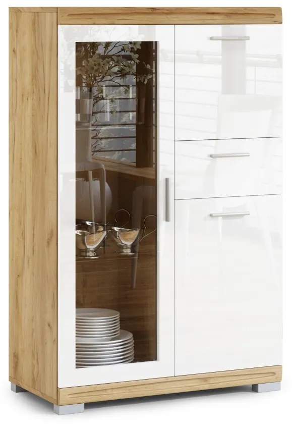 Comò SIMPLE KWD3SZ1 Rovere Craft Gold/Bianco Lucido - VETRINA ARMADIO MOBILE PER SALOTTO/SOGGIORNO LUCIDO CON ANTA IN VETRO