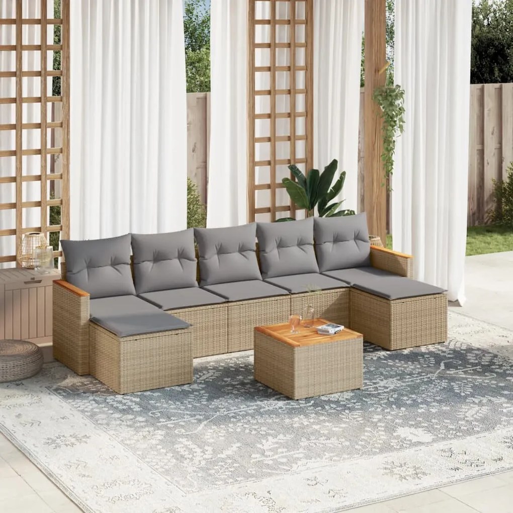 Set divano da giardino 8 pz con cuscini beige in polyrattan