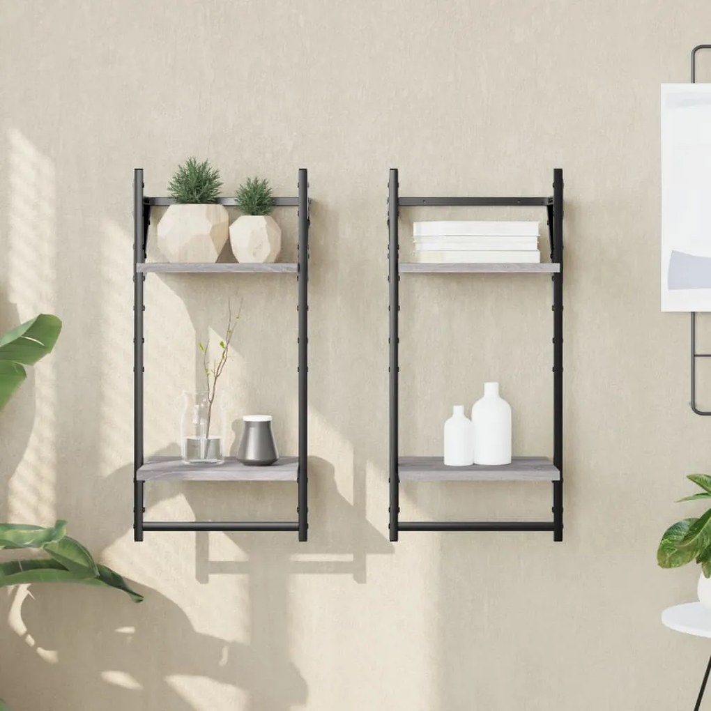 Mensole A Parete Con Aste 2pz Grigio Sonoma 30x25x65 Cm /