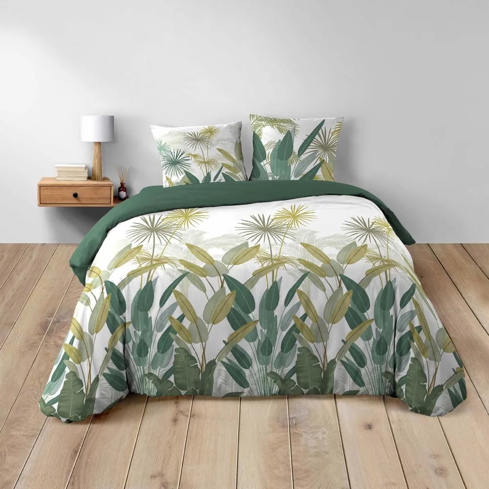 Set copripiumino e federa bianco/verde in cotone per letto matrimoniale ed esteso 240x220 cm Otika – douceur d'intérieur