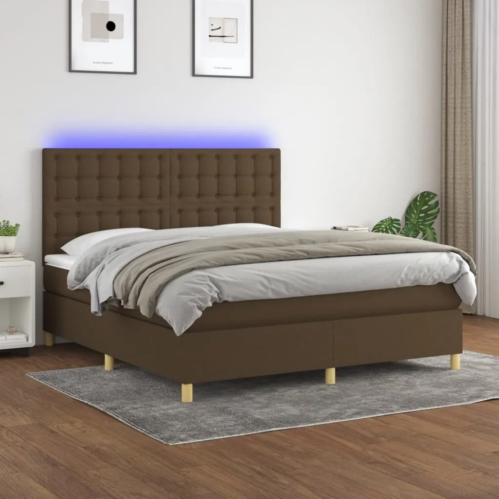 Letto a molle materasso e led marrone scuro 160x200 cm tessuto