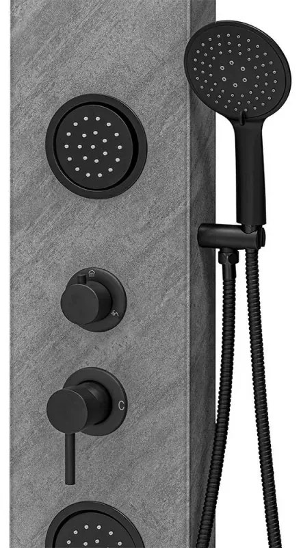Pannello doccia in acciaio inox effetto pietra con soffione slim nero opaco