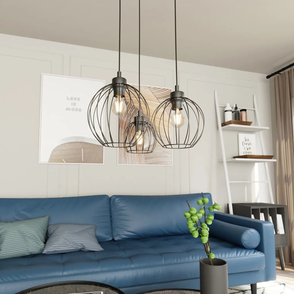 Sospensione Minimal Industrial Hathor 3 Luci Tonda Nera