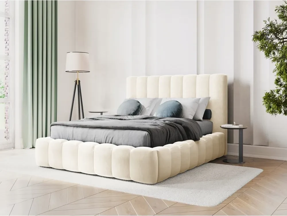 OLIVIBED Letto Matrimoniale Imbottito 160x200 Cm | Struttura Con Schienale In Lino, Grigio, Senza Materasso