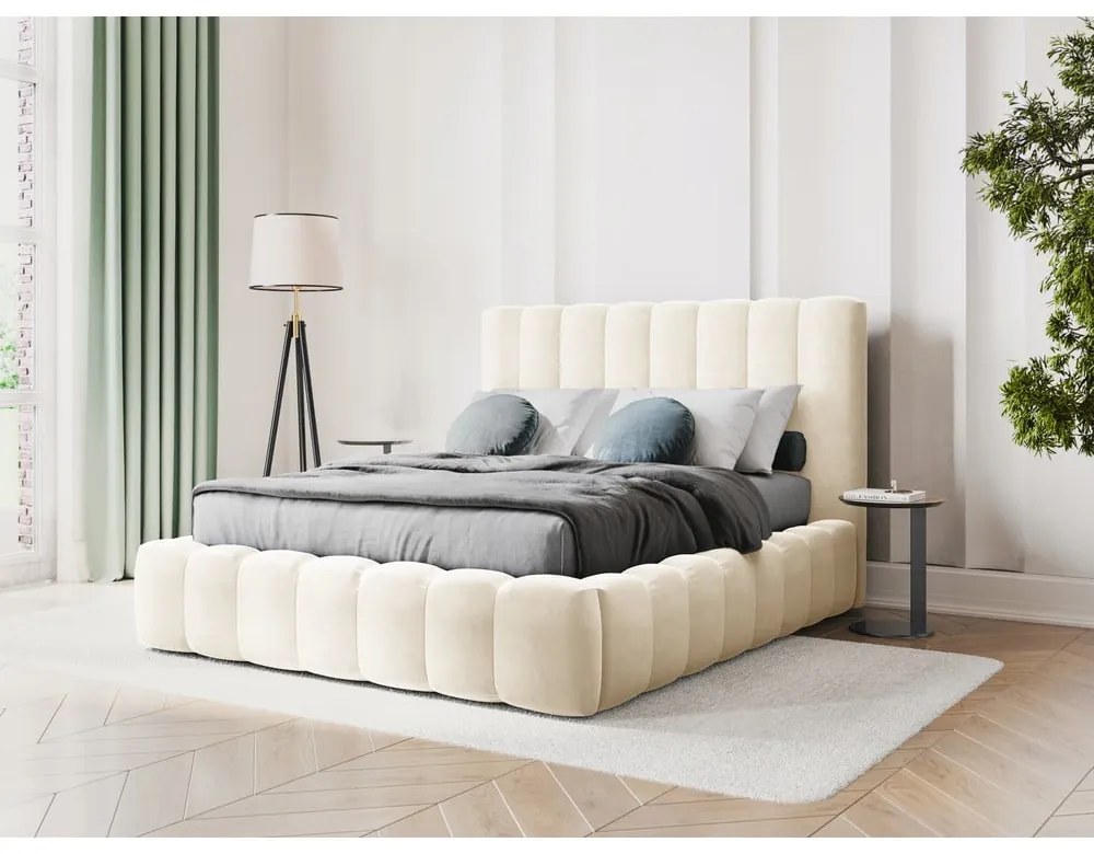Letto matrimoniale imbottito beige con contenitore con griglia 200x200 cm Kelp - Micadoni Home