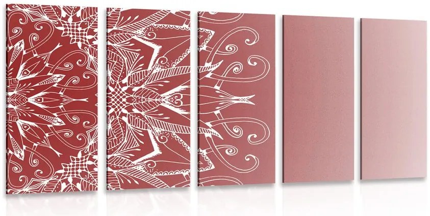 Quadri 5 pezzi – Mandala bianco su sfondo bordeaux