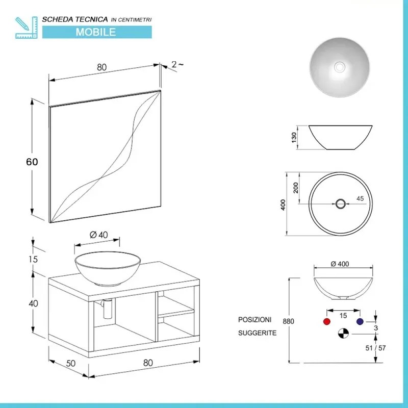 Mobile bagno sospeso 80 cm grigio nuvola Master lavabo 40 e specchio