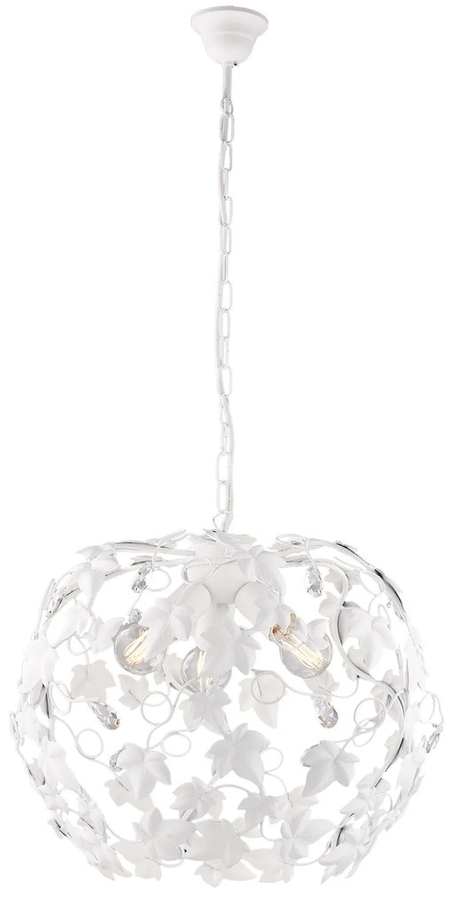 Lampadario Shabby Edera 3 Luci Ferro Battuto Bianco Con Foglie E Cristalli