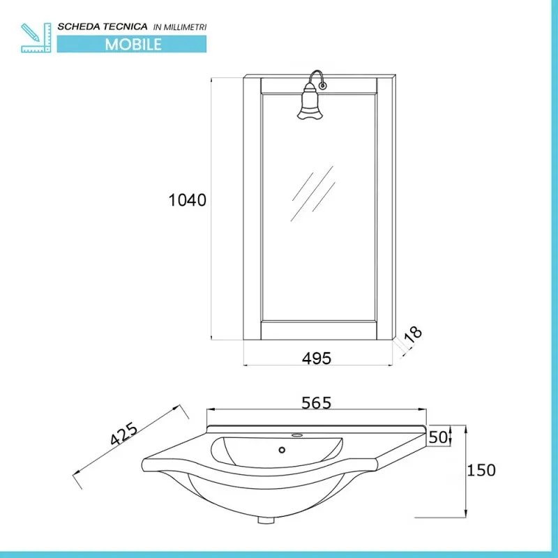 Mobile bagno a terra 55 bianco decape con lavabo e specchio Romantica