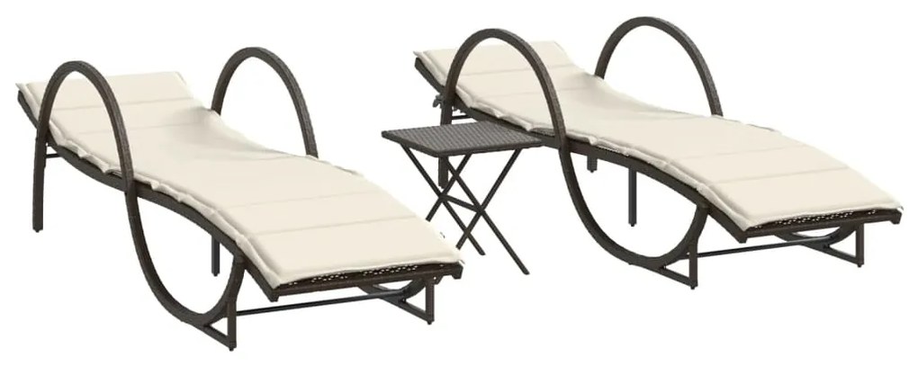 Lettini prendisole 2 pz con tavolino marrone in polyrattan