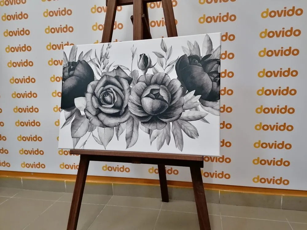 Stampa su tela – Incantevole combinazione di fiori e foglie in bianco e nero