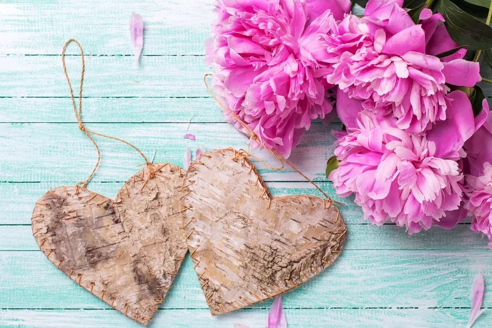 Quadro su tela – Peonie e cuoricini di betulla
