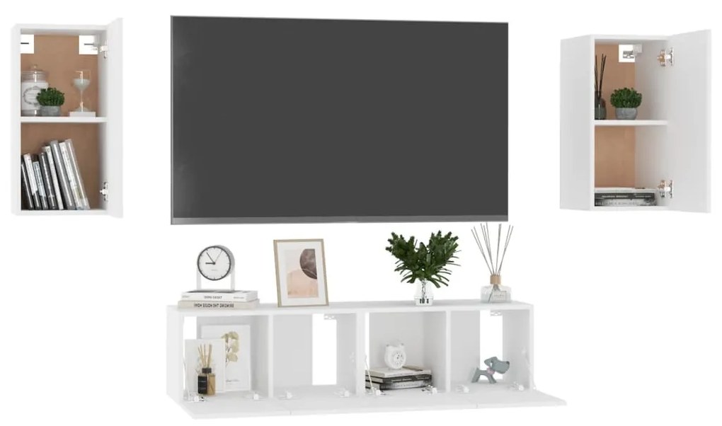 Set mobili porta tv 4 pz bianco in legno multistrato