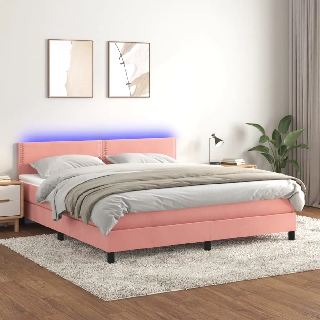 Letto A Molle Con Materasso E Led Rosa 160x200 Cm İn Velluto /