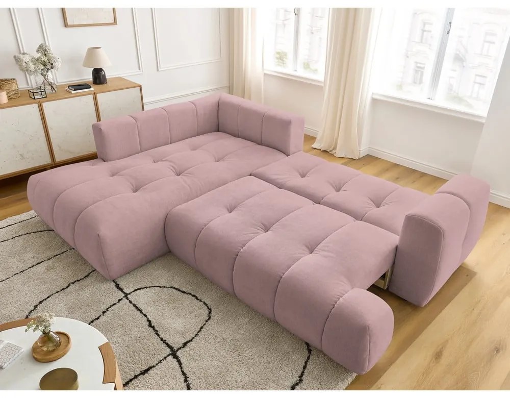 Divano angolare rosa allungabile e con contenitore (penisola a sinistra/a L) con rivestimento in ciniglia Fuji – Bobochic Paris