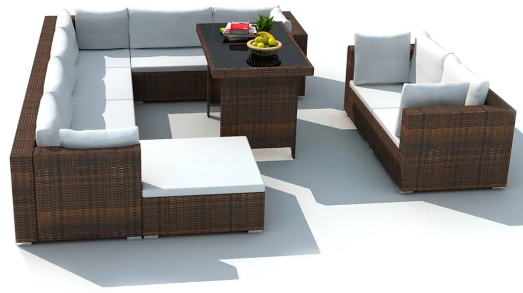 Set divani da giardino 10 pz con cuscini in polyrattan marrone