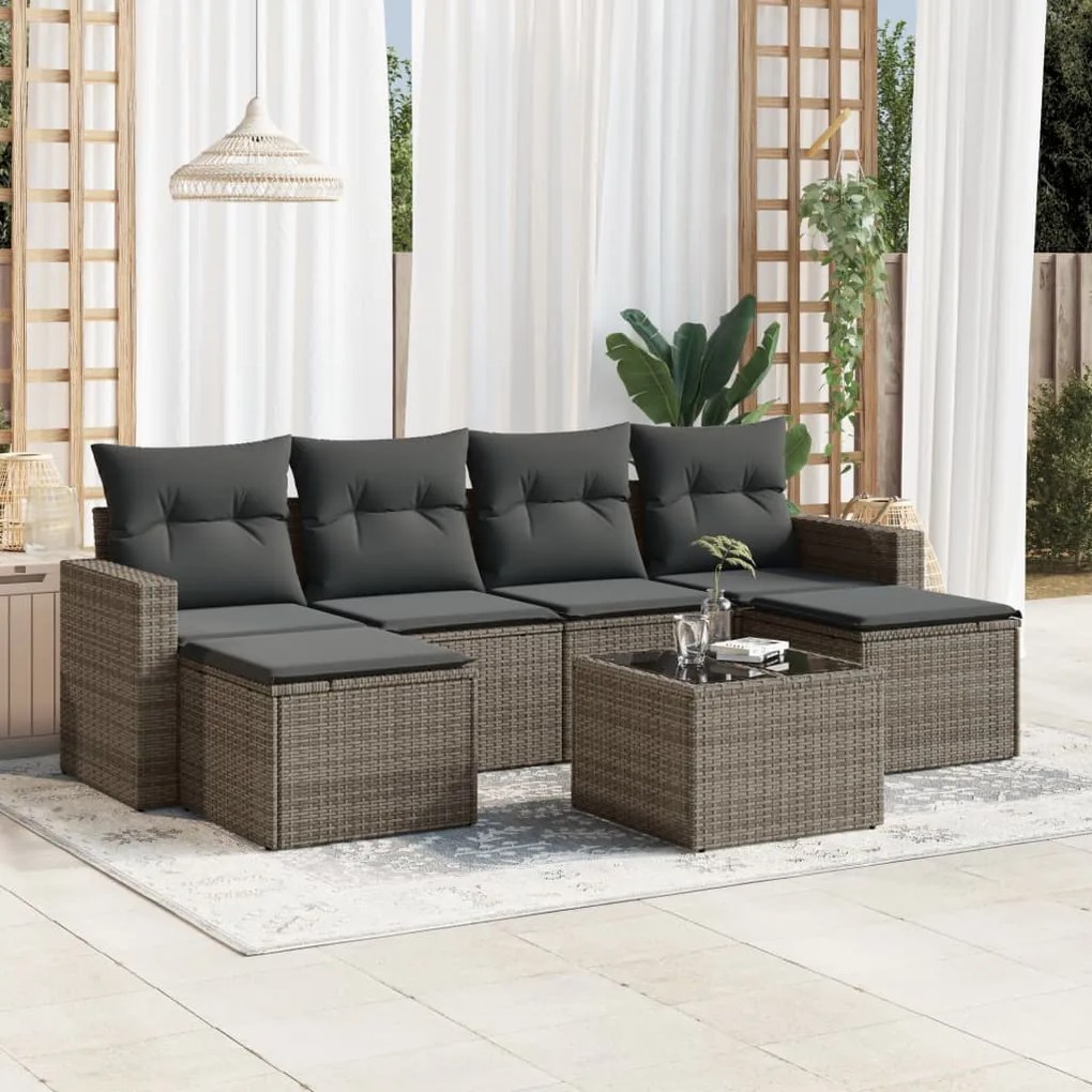 Set divani da giardino 7 pz con cuscini grigio in polyrattan