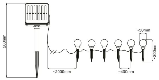 Lampada LED solare KULKI 6xLED/1,2V 600 mAh 4,3 m IP44 nero/bianco