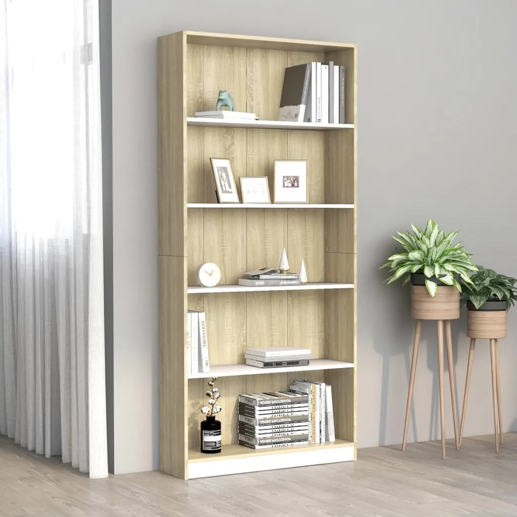 Libreria 5 Ripiani Bianco Rovere Sonoma 80x24x175cm Multistrato