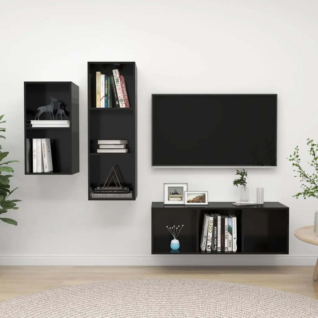 Set Mobili Tv 3 Pz Nero Lucido İn Legno Multistrato /