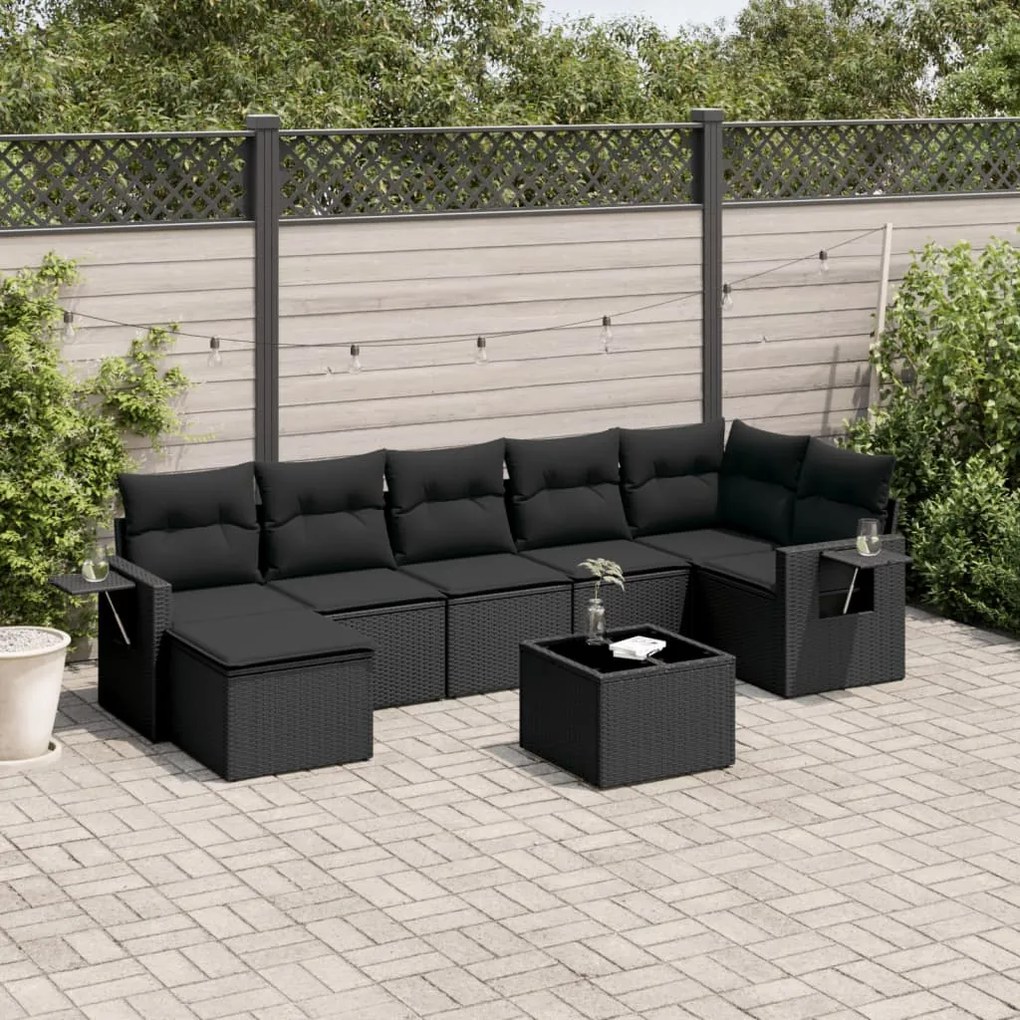 Set divani da giardino con cuscini 8 pz nero in polyrattan