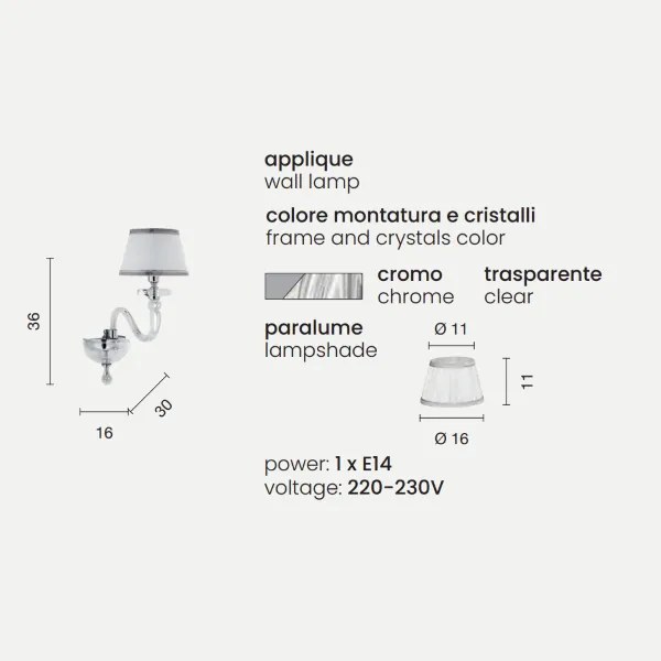 Applique 38 cm BACH con paralume in vetro trasparente 1 Luce Cromo