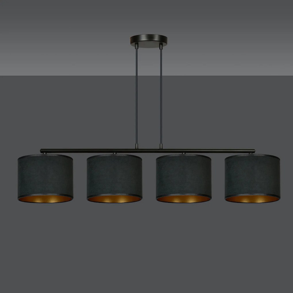 Lampadario 4 Luci Ganesha In Acciaio Nero E Paralumi In Tessuto Nero