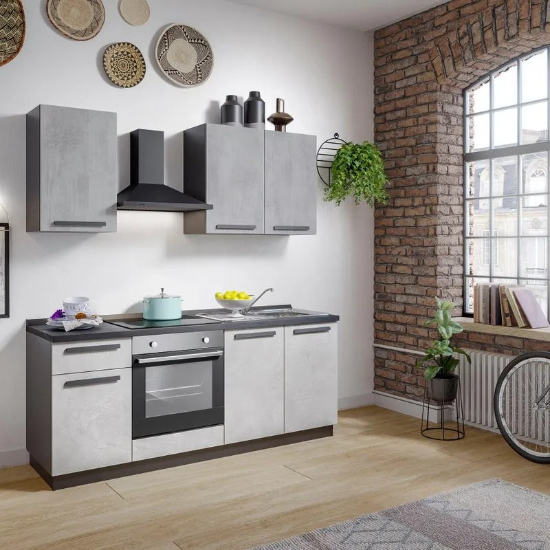 Cucina montata Dora bianco e grigio chiaro, lavello a destra, L.195 cm, completa di: cappa a camino, piano cottura a induzione e forno