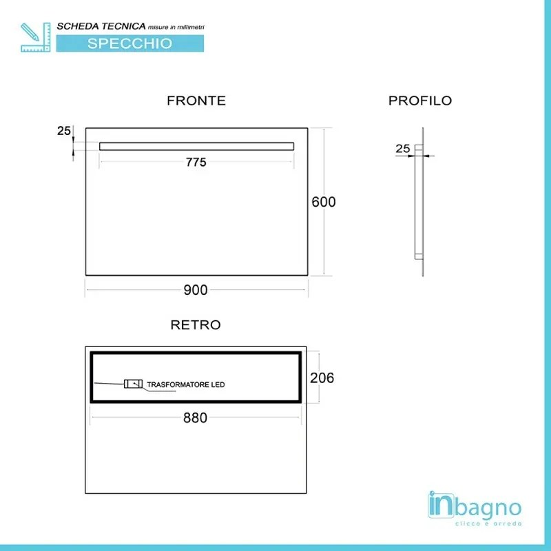 Specchio bagno 90x60 cm con fascia LED superiore bianco naturale