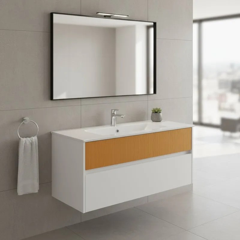 Mobile da bagno sospeso sotto lavabo Niwa 2 cassetti L 119.5 x H 50 x P 45.5 cm bianco e senape cannettato
