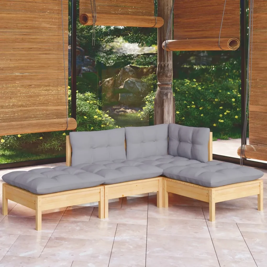 Set divani da giardino 4 pz con cuscini grigi massello di pino