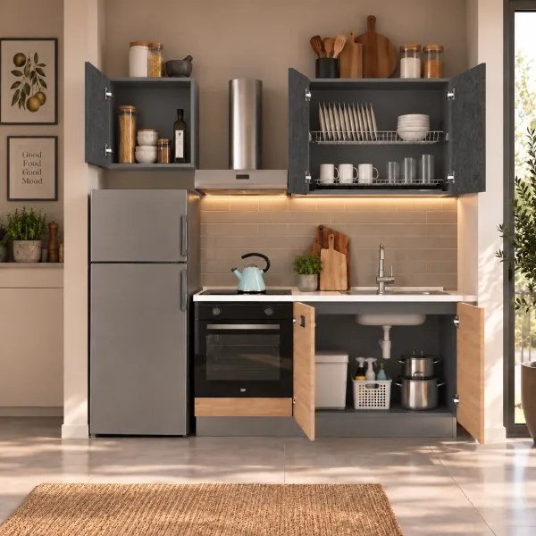 Cucina Modulare 210 cm Reversibile Rovere e Antracite