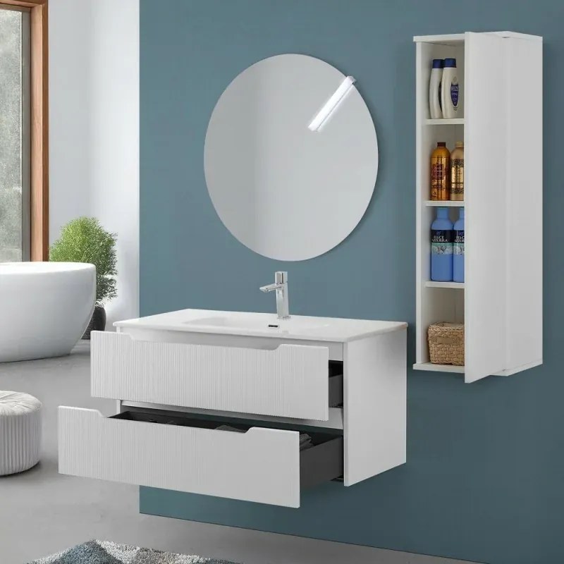 Mobile bagno sospeso 100 bianco cannettato doppi cassetto lavabo e specchio Wise